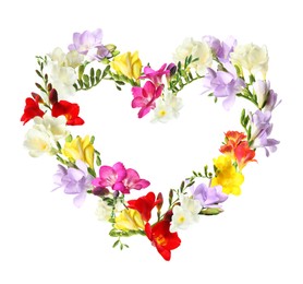 Image of Beautiful heart shaped composition made with tender freesia flowers on white background