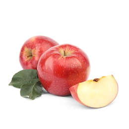 Photo of Ripe juicy red apples with leaf on white background