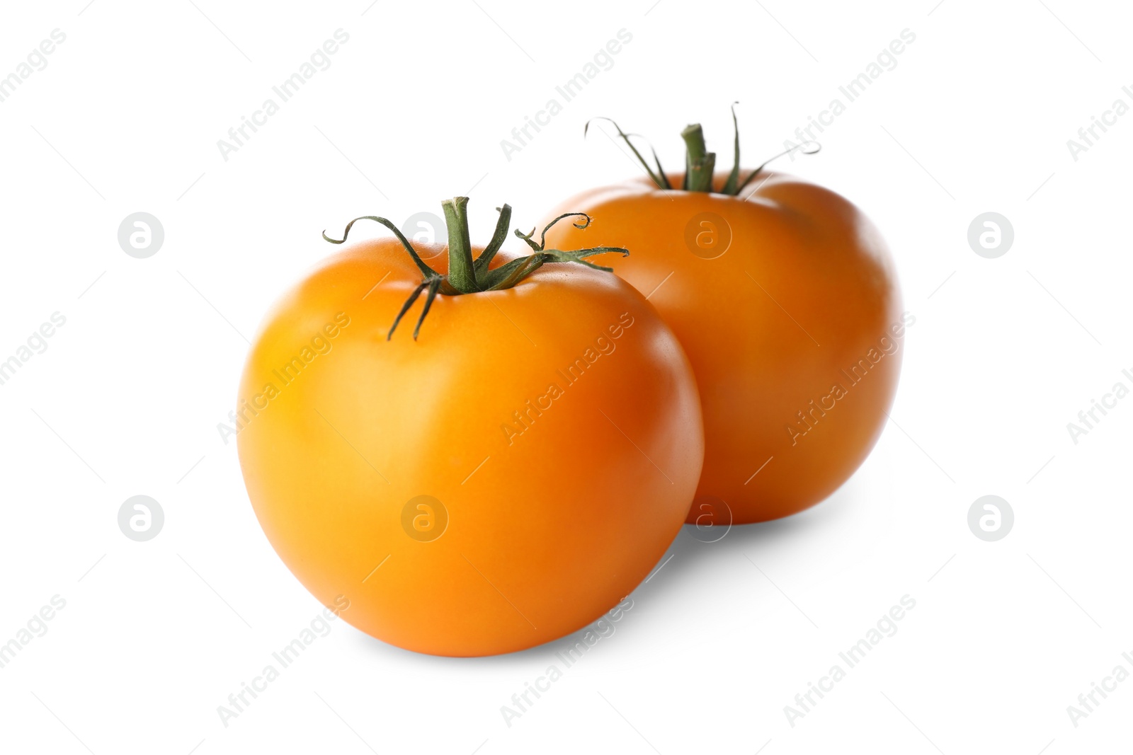 Photo of Delicious ripe yellow tomatoes isolated on white