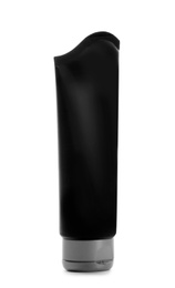 Photo of Black tube with space for design on white background. Men's cosmetic product