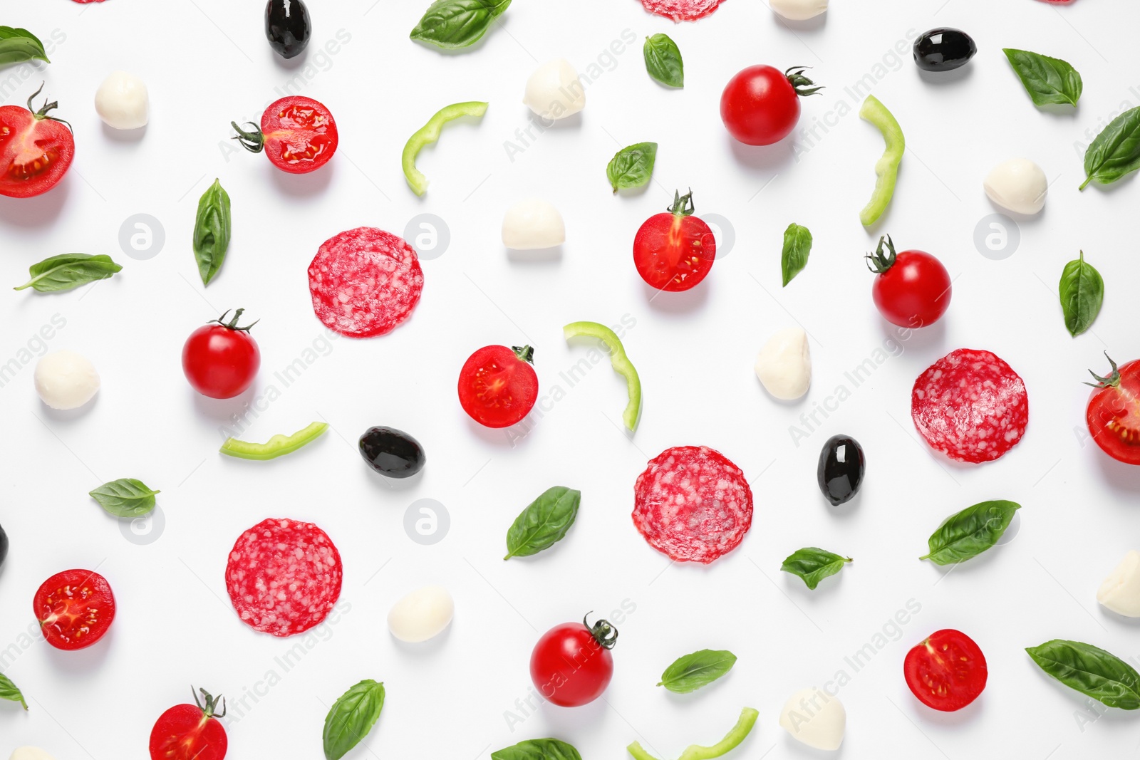 Photo of Flat lay composition with fresh ingredients for pizza on white background