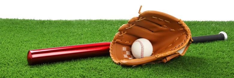 Photo of Baseball bat, ball and catcher's mitt on artificial grass against white background