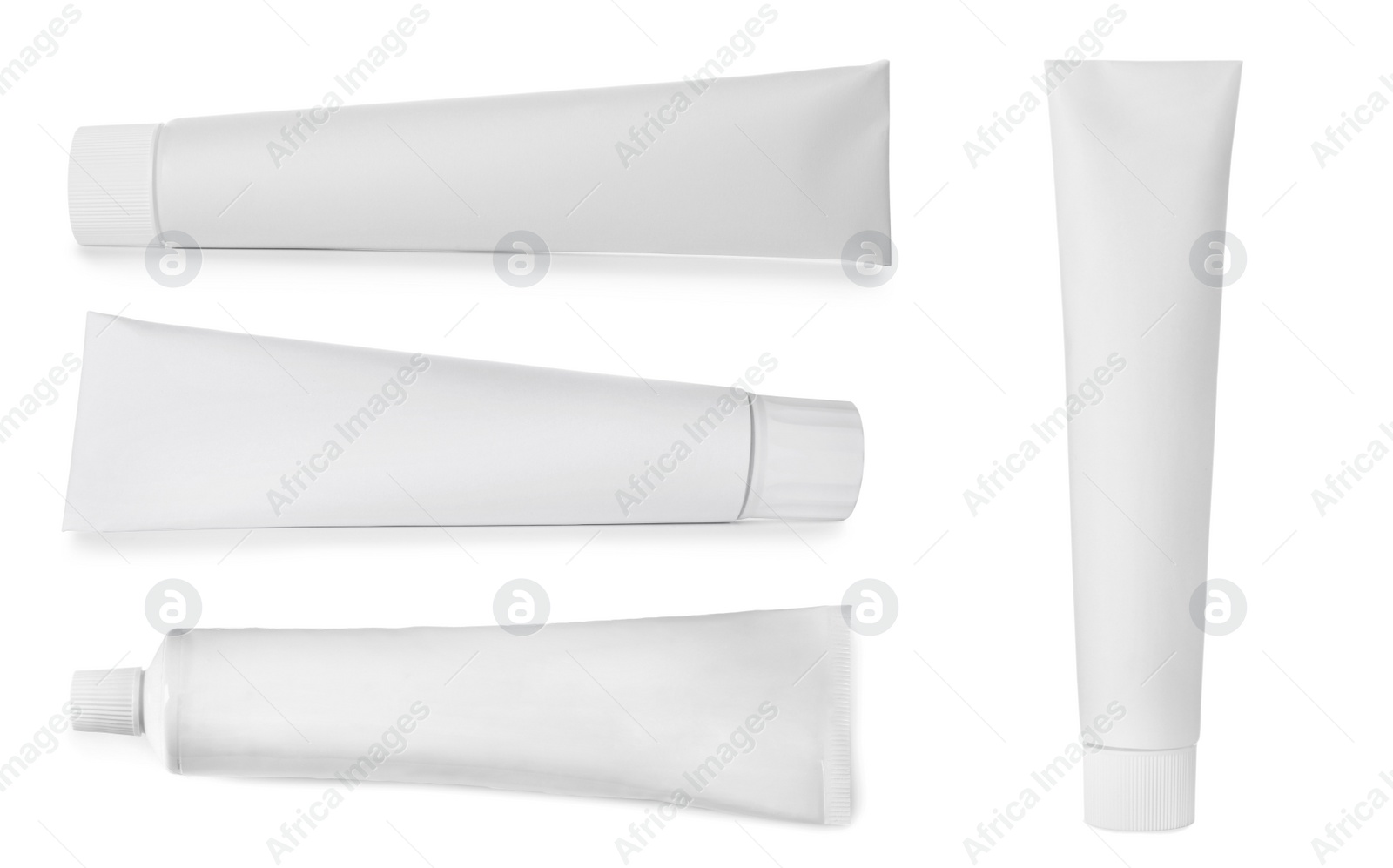 Image of Collage with different toothpastes on white background