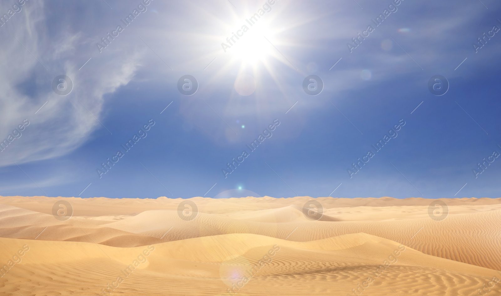 Image of Picturesque view of sandy desert and blue sky on hot sunny day 