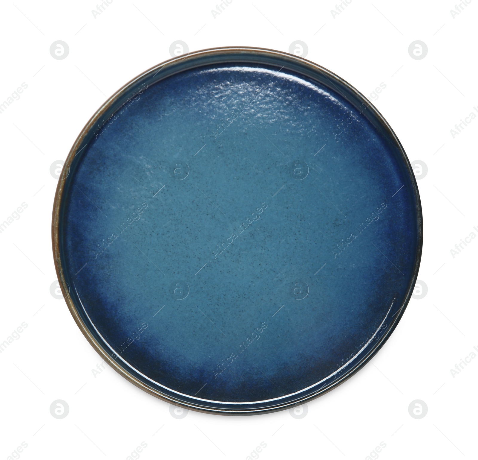 Photo of Blue ceramic plate isolated on white, top view