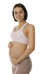 Photo of Happy young pregnant woman on white background