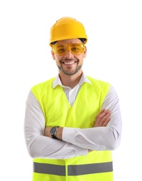 Photo of Male industrial engineer in uniform on white background. Safety equipment