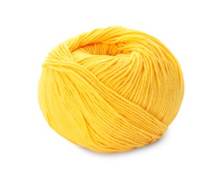 Photo of Soft yellow woolen yarn isolated on white