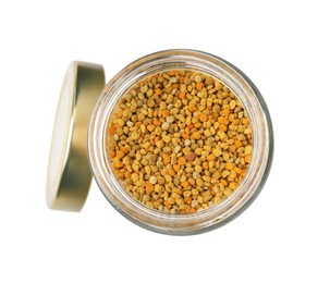 Fresh bee pollen granules in jar isolated on white, top view