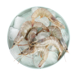 Plate with fresh raw shrimps and ice isolated on white, top view