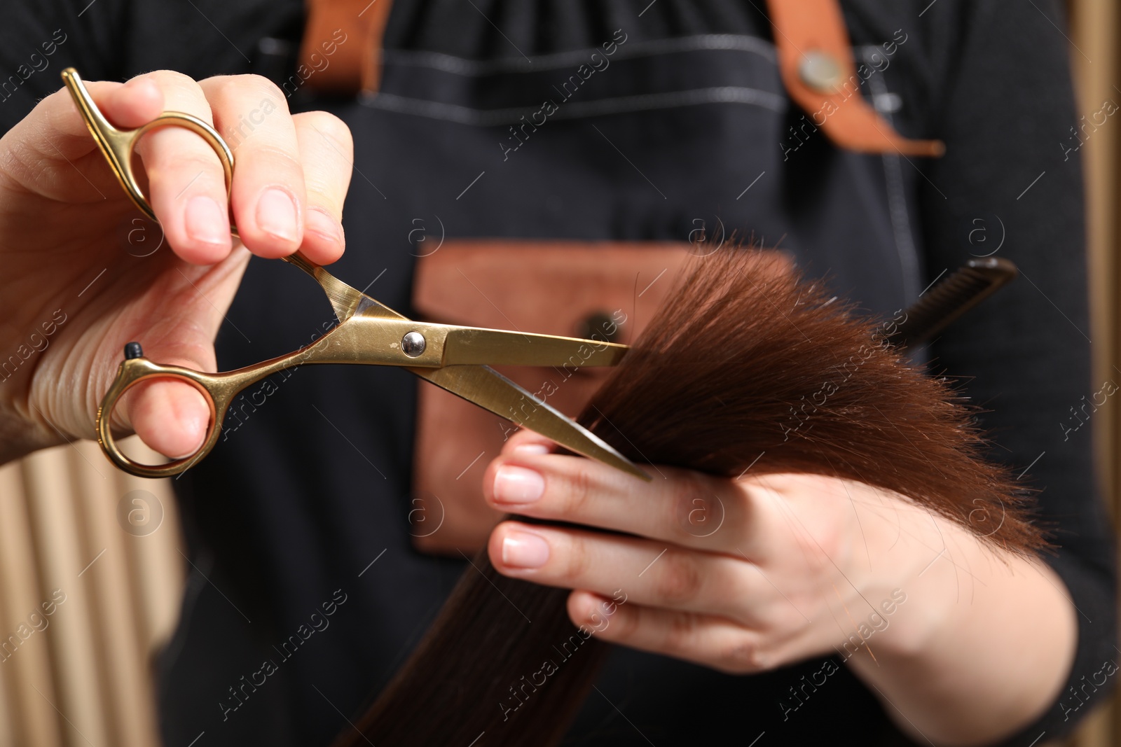 Photo of Hairdresser cutting client's hair with scissors in salon, closeup