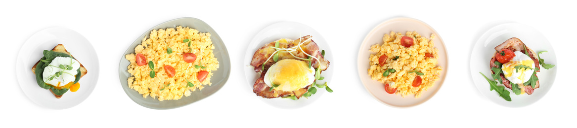 Image of Set of different egg dishes on white background, top view. Banner design