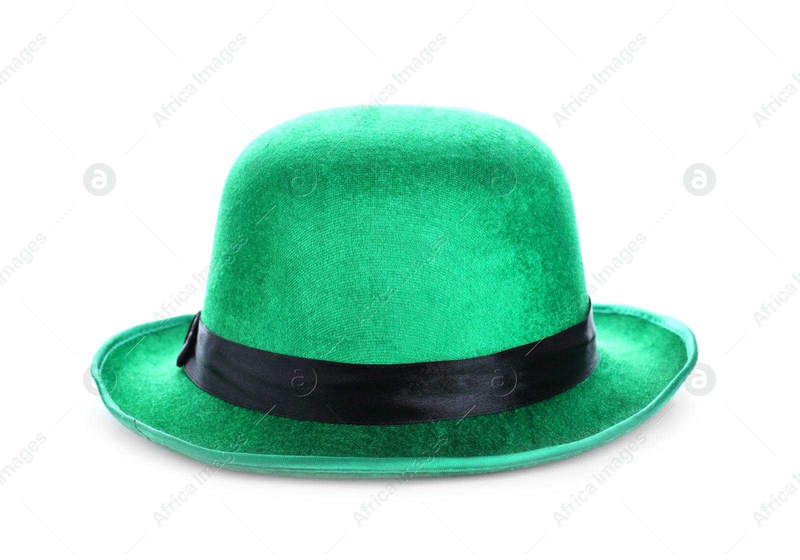 Photo of Green leprechaun hat isolated on white. St. Patrick's Day celebration