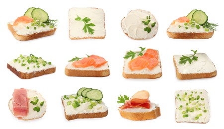 Image of Bread with cream cheese and toppings on white background, collage 