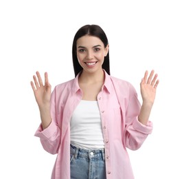 Attractive young woman showing hello gesture on white background