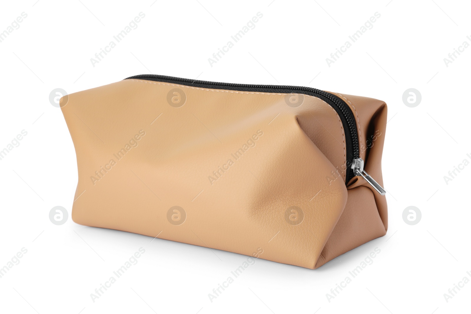 Photo of Preparation for spa. Compact toiletry bag isolated on white