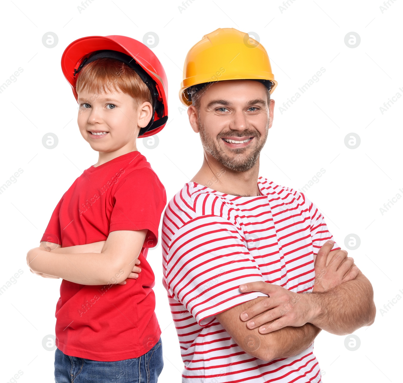 Photo of Father and son wearing hard hats on white background. Repair work