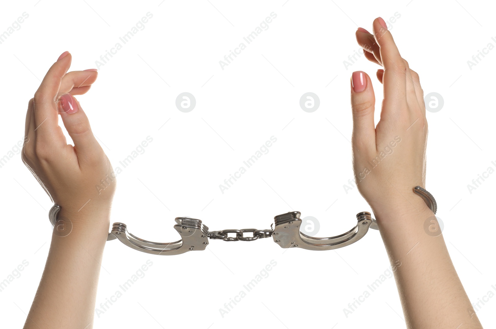 Photo of Freedom concept. Woman with handcuffs on white background, closeup