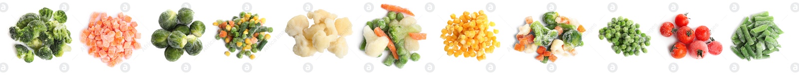 Image of Set of different frozen vegetables on white background, top view. Banner design 