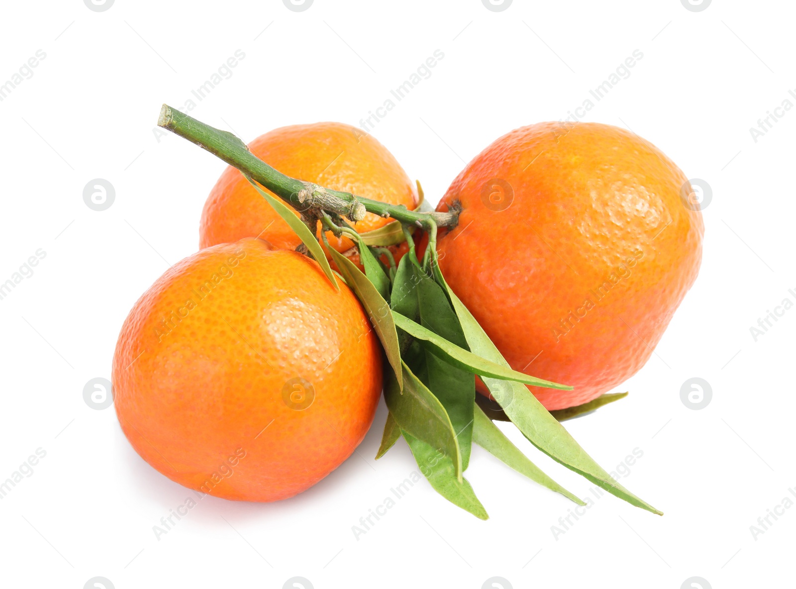 Photo of Tasty ripe tangerines with leaves on white background