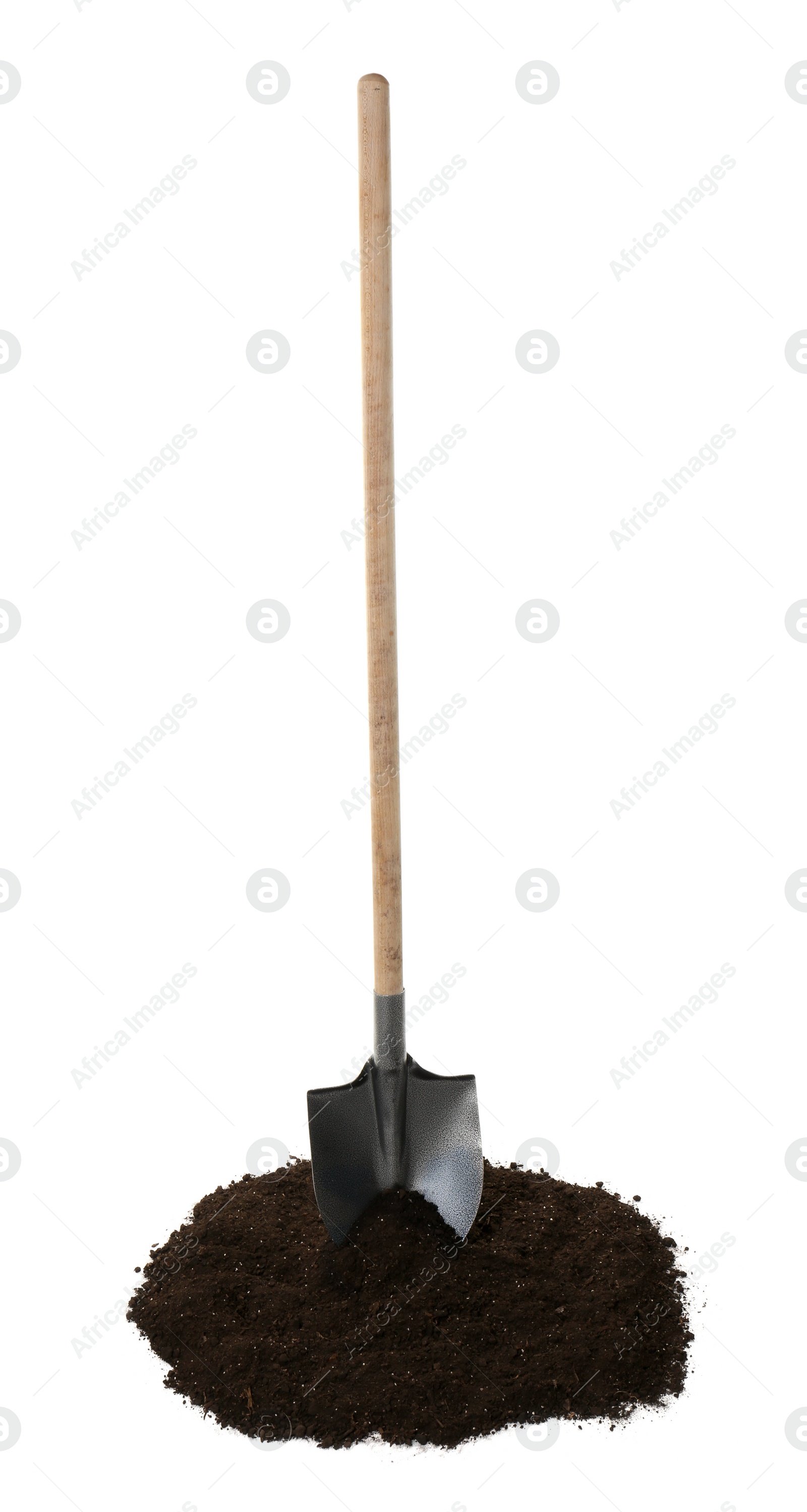 Shovel and pile of soil isolated on white Photo of Shovel and pile of soil isolated on white
