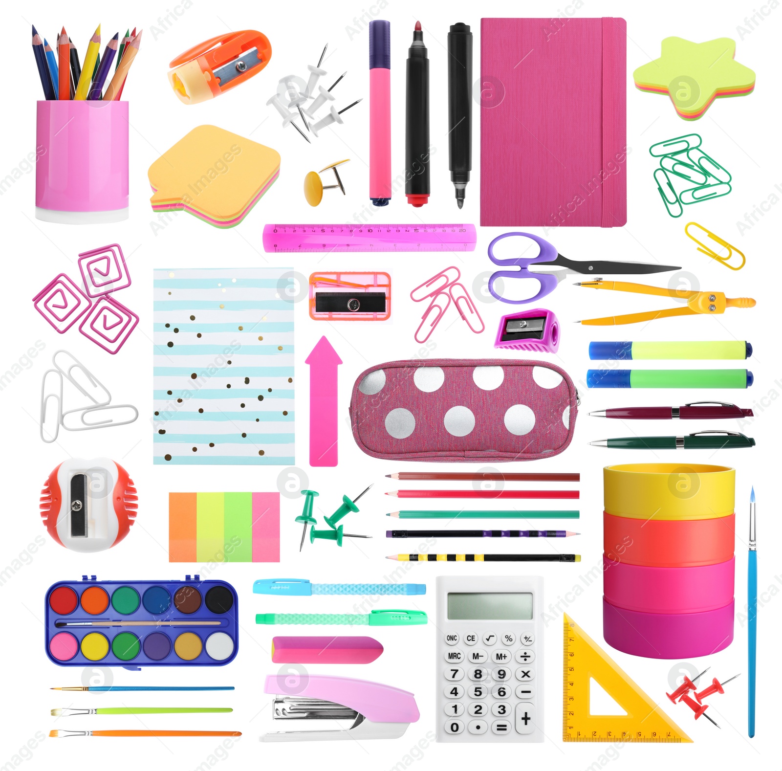 Image of Set of bright school stationery on white background