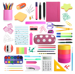 Set of bright school stationery on white background