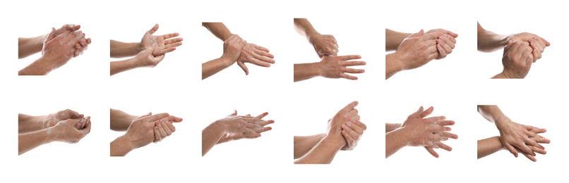 Collage of people washing hands with soap on white background, closeup. Banner design