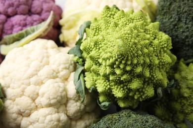 Photo of Different fresh cabbages as background, closeup view