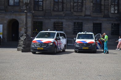 AMSTERDAM, NETHERLANDS - JULY 16, 2022: Modern police vehicle on city street