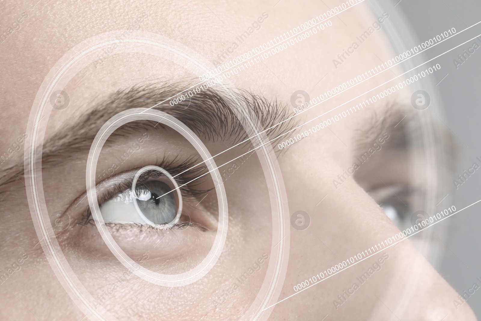 Image of Closeup view of man in process of scanning, focus on eye