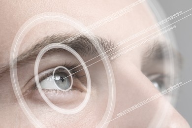 Closeup view of man in process of scanning, focus on eye