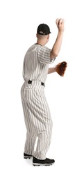 Baseball player throwing ball on white background, back view