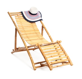 Photo of Empty wooden sunbed with hat on white background. Beach accessories