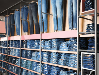 Collection of modern jeans on display in shop