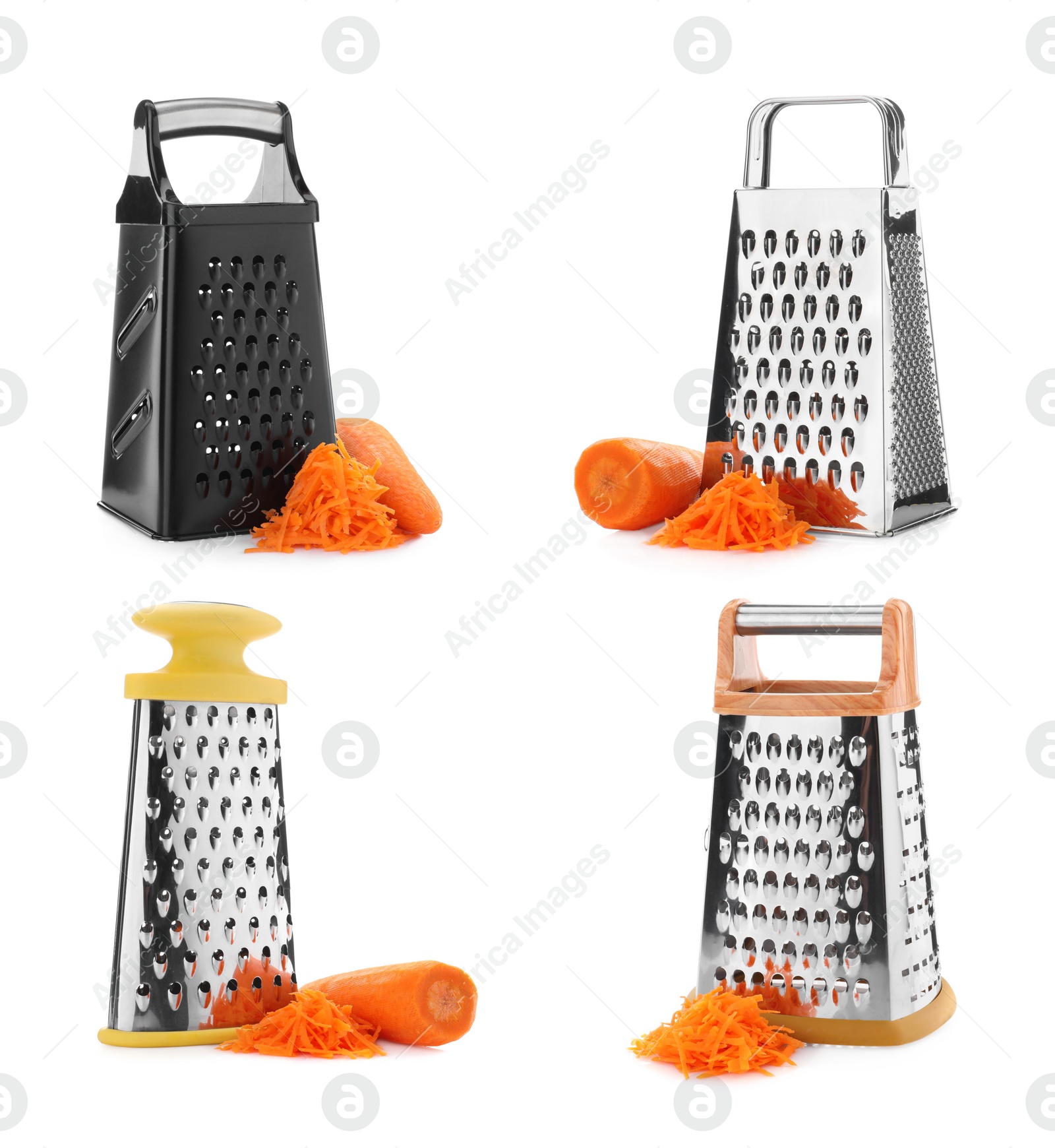 Image of Set with stainless steel graters and fresh carrots on white background 