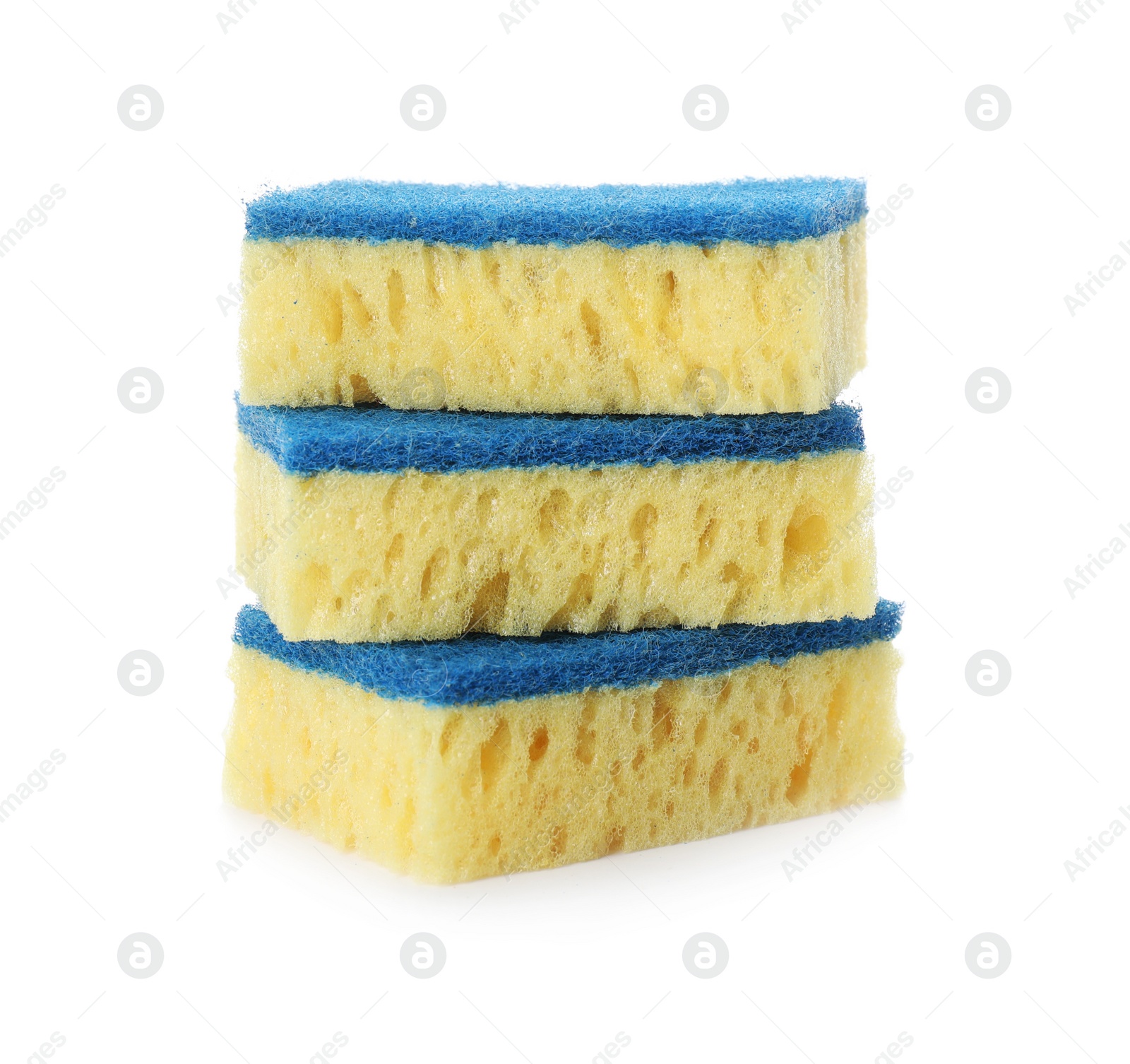 Photo of Yellow cleaning sponges with abrasive light blue scourers on white background