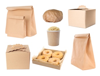 Image of Collage of cardboard containers on white background. Food delivery