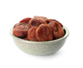 Photo of Ceramic bowl with tasty dried apricots isolated on white