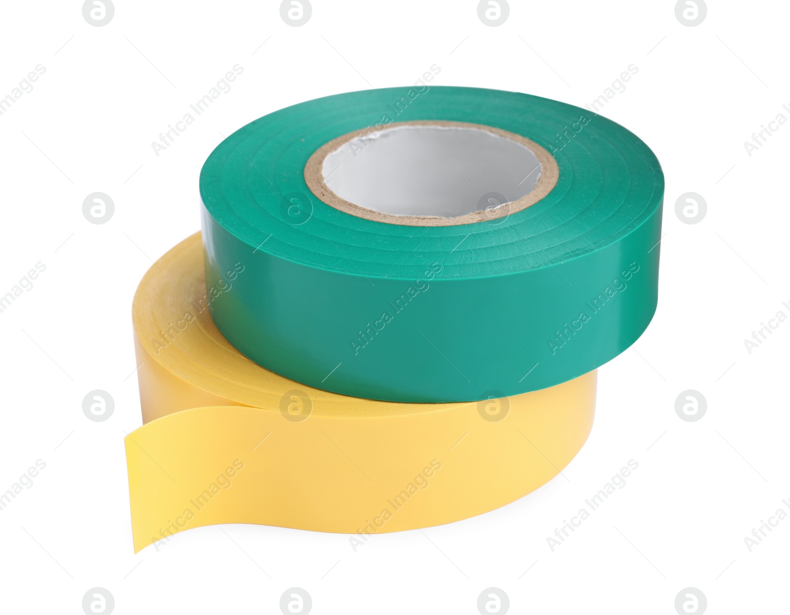 Photo of Colorful insulating tapes on white background. Electrician's supplies