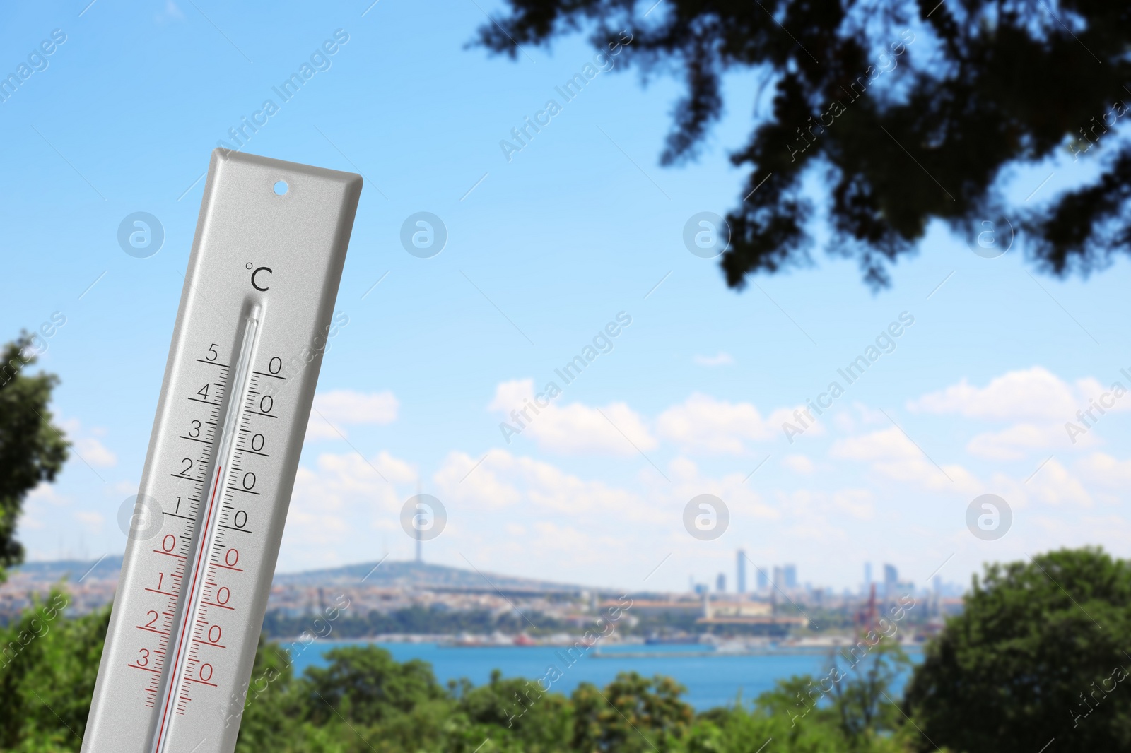 Image of Thermometer showing temperature outdoors, hot spring weather