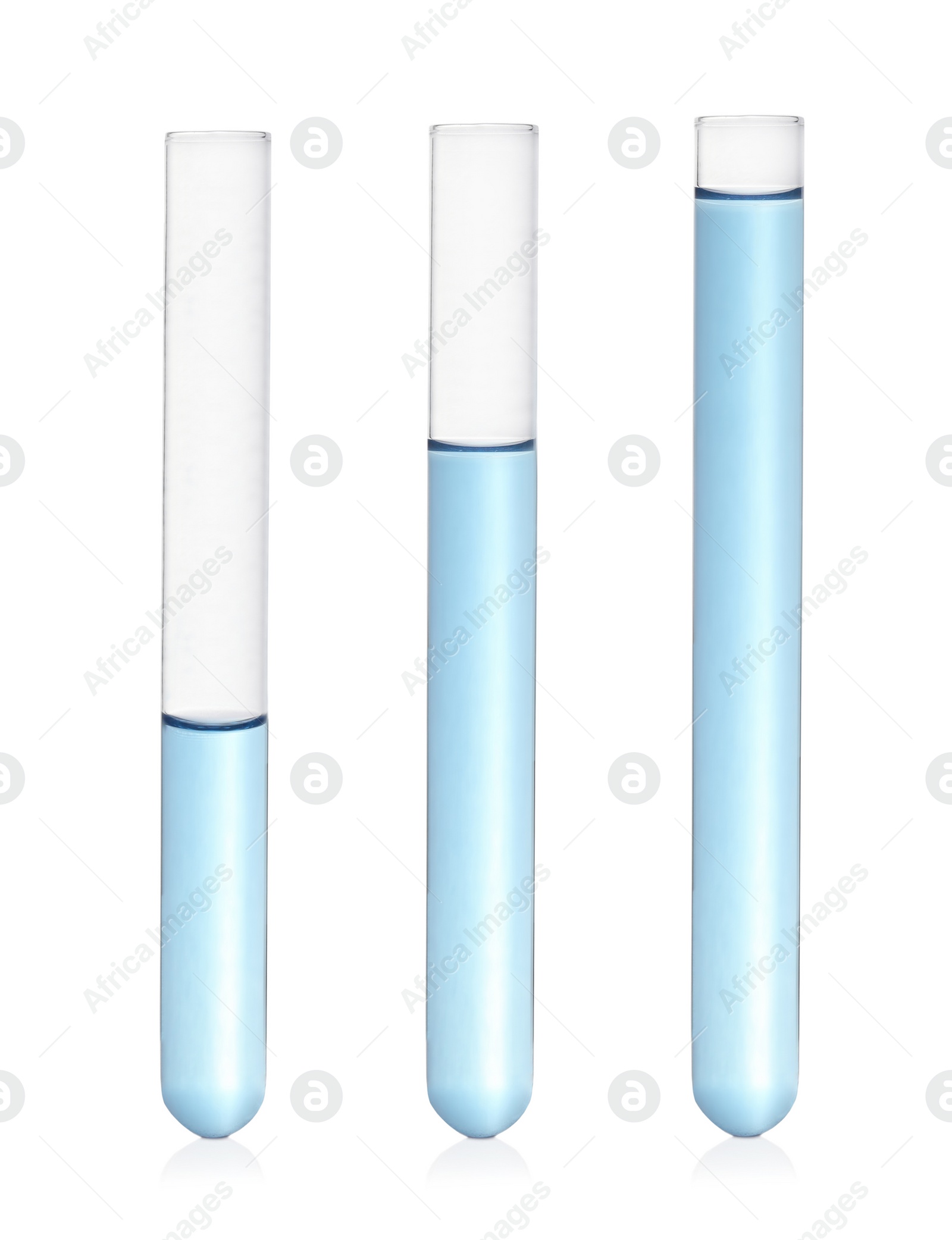 Image of Test tubes with light blue samples on white background, collage