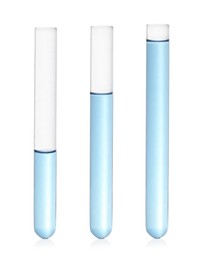 Image of Test tubes with light blue samples on white background, collage