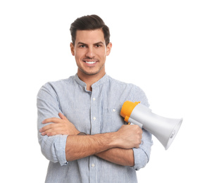 Handsome man with megaphone on white background