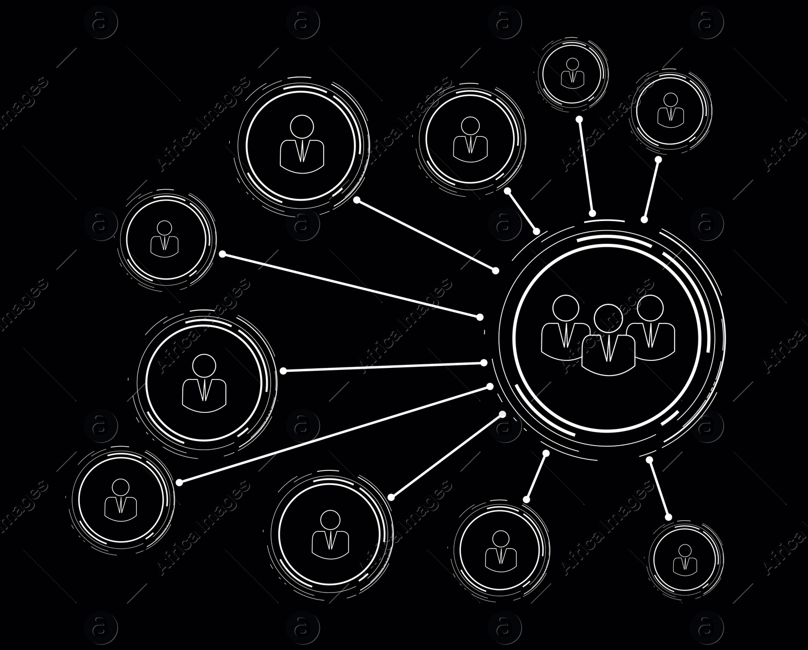 Illustration of Corporation structure. Linked people figures on black background