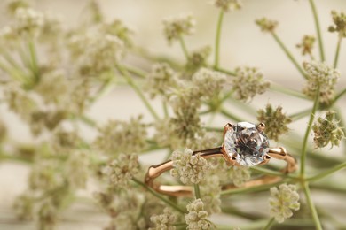 Photo of Beautiful engagement ring with gemstone and flowers, closeup