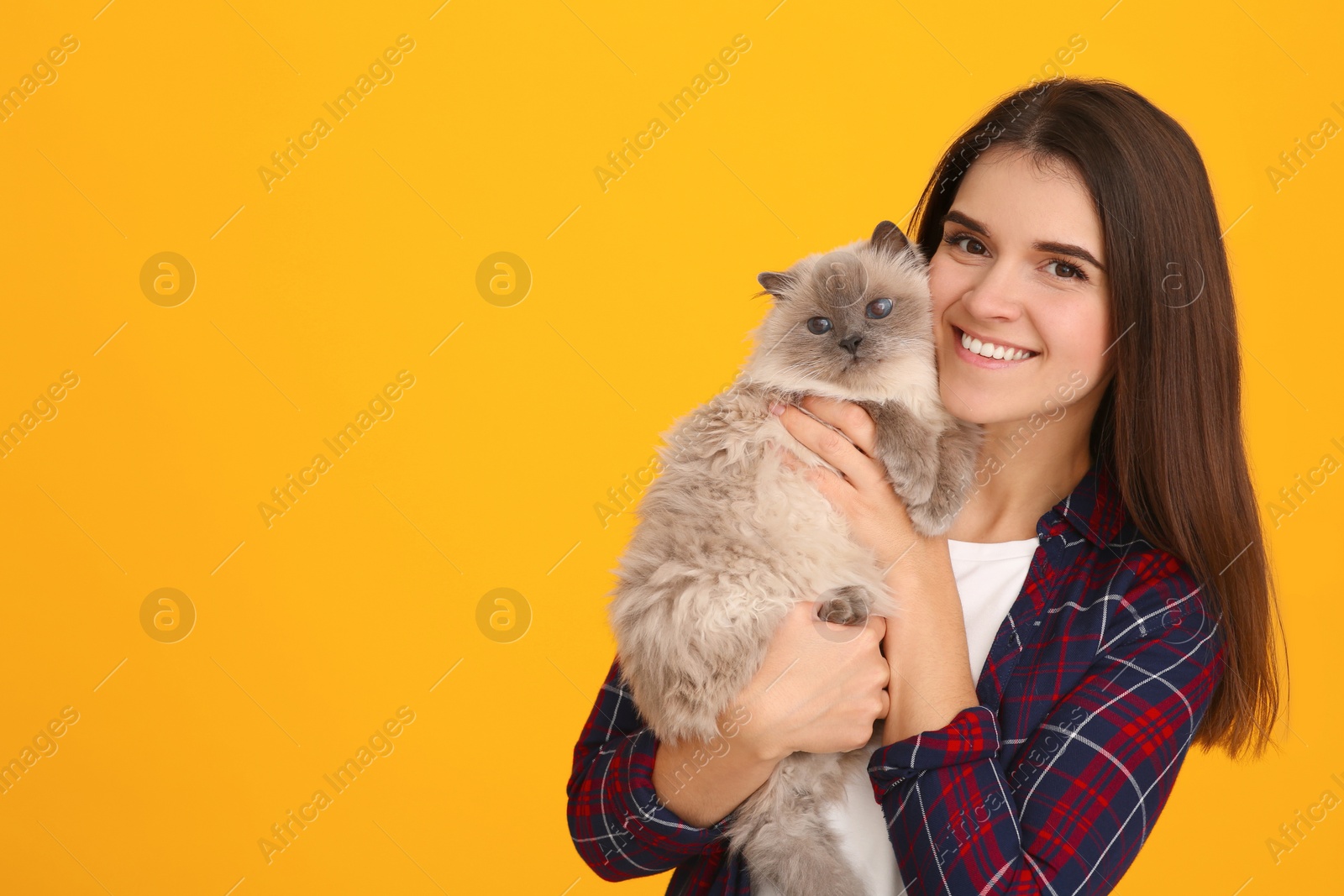 Photo of Happy woman with her cute cat on orange background, space for text