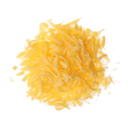 Pile of grated cheese on white background