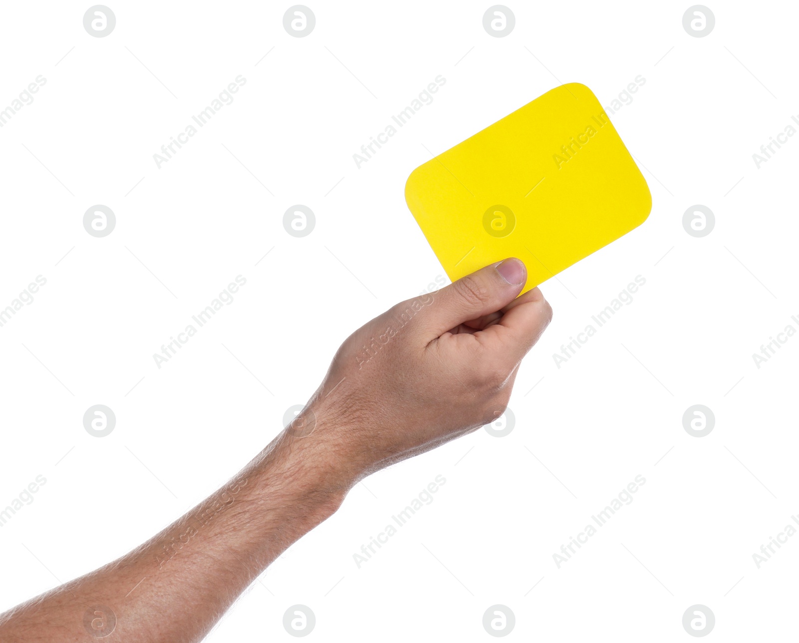 Photo of Man holding yellow card on white background, closeup of hand