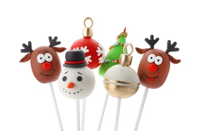 Delicious Christmas themed cake pops isolated on white